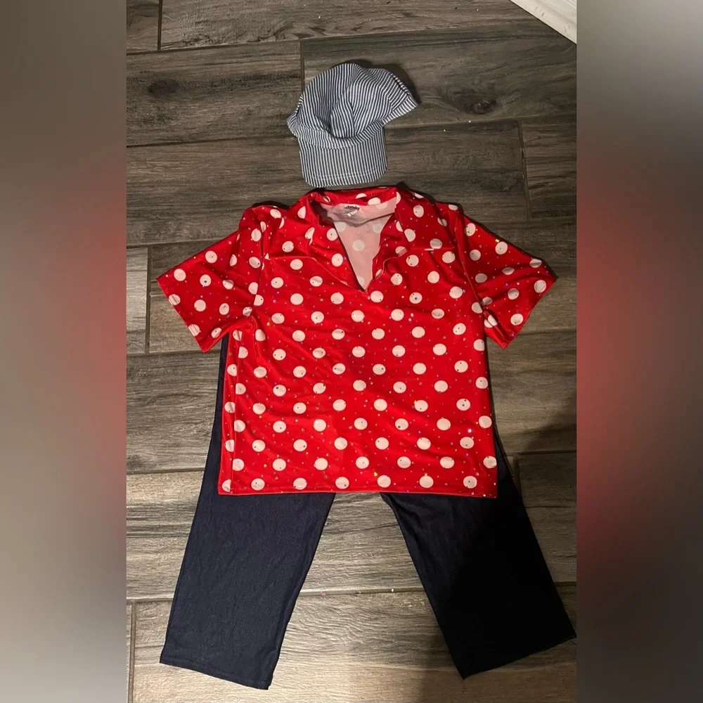 Choo Choo Guy Red Polka Dot Dance Top and Navy Pants, Small Adult